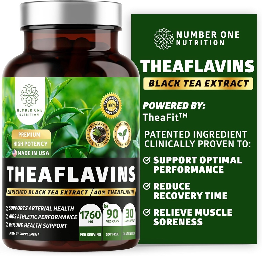 N1 Uztura Premium Theaflavins Melnās tējas ekstrakts [40% Theaflavins] Powered by TheaFitTM, lai atbalstītu Exercise veiktspēju un samazināt atgūšanas laiku, 90 Veg Caps
