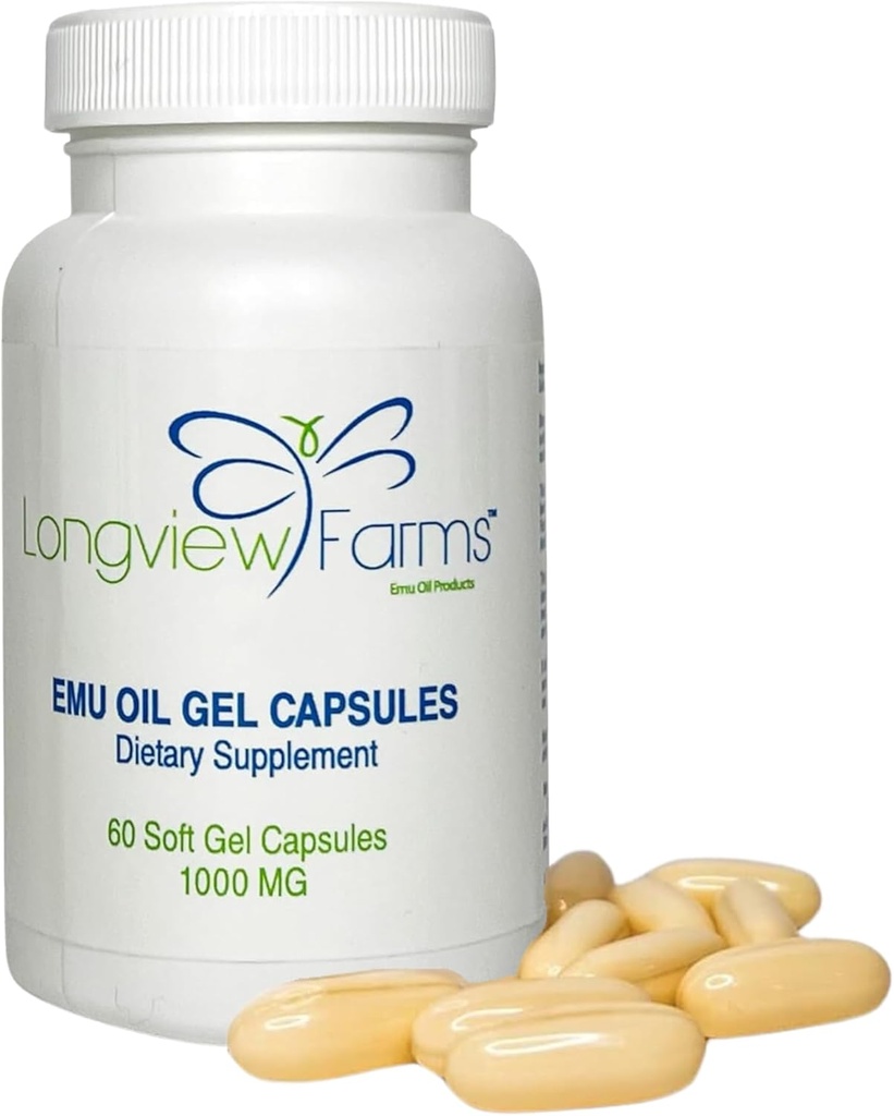 Longview Farms® Emu Eļļa Kapsulas 100% Pure Emu Eļļa ādas veselībai, mobilitātei un vispārējam labsajūtai; Dabiskais omega 3, 6, 9 un būtiski vitamīni; 60 kapsulas