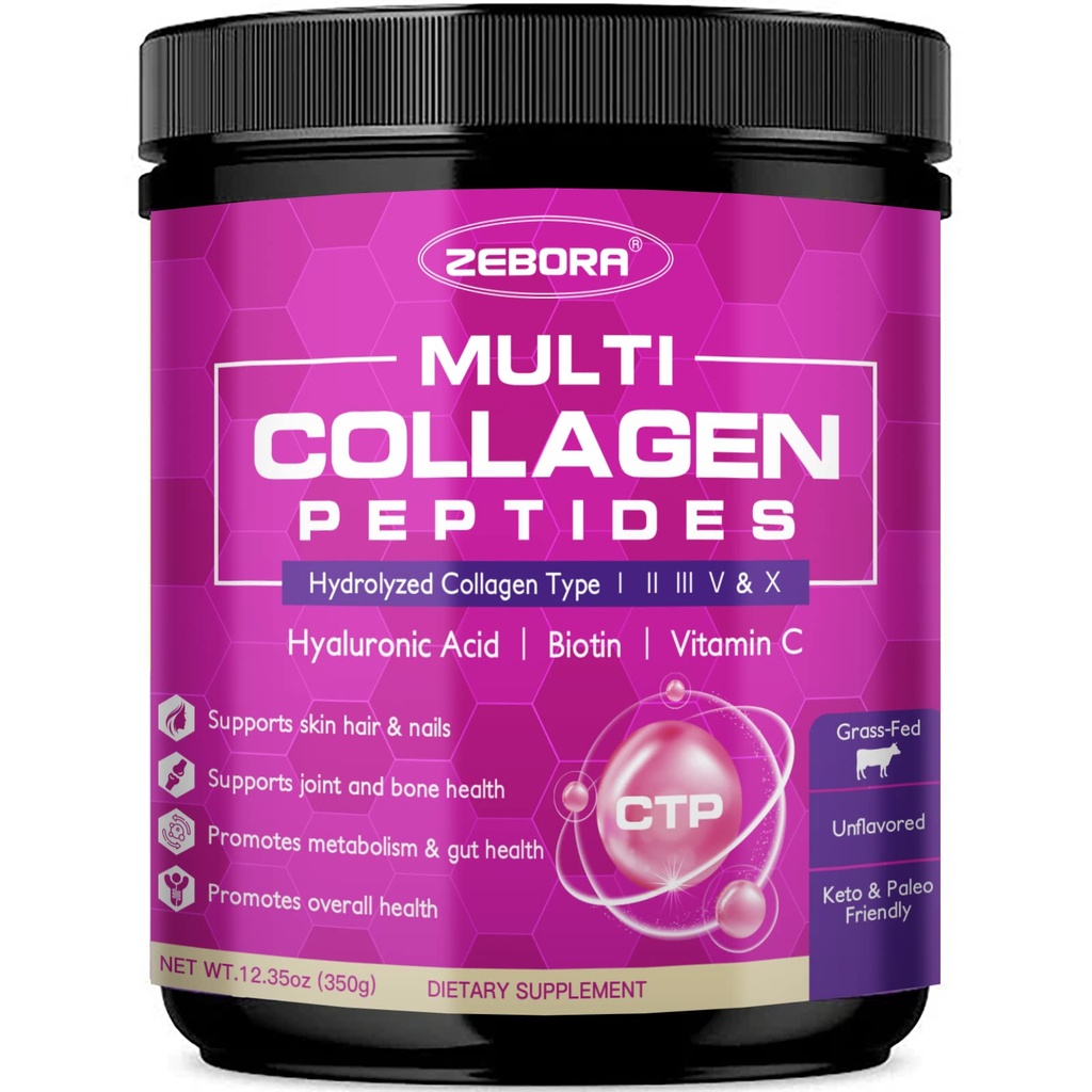 ZEBORA Multi kolagēna peptīdi Pulveris - hidrolizēts kolagēns tips I II III V X ar hialuronskābi, biotīns, C vitamīns - atbalsts ādas matu nagu locītavas, ne-GMO, nepārliesmo, Keto Friendly