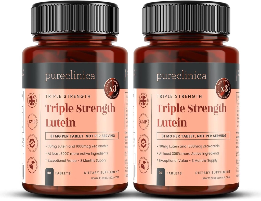 hydeclinica Lutein 30 mg x 180 tabletes (2 pudeles ar 90 tabletēm katrā). ar 1000 mkg Zeaxanthin. 3 x Regulāro luteīna tablešu stiprums