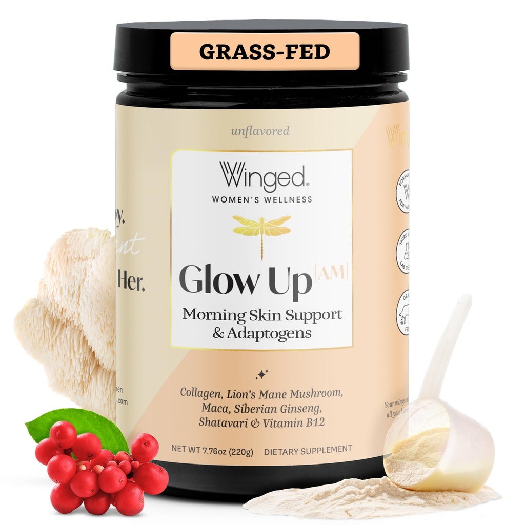Winged Wellness Glow Up AM, kolagēna pulveris sievietēm - Rīta Skaistuma papildinājums glowing ādai ar zāles-Fed Hidrolizētiem kolagēna peptīdiem, Lion's Mane & Maca Root - 21 Kalpo, Neapstaroti