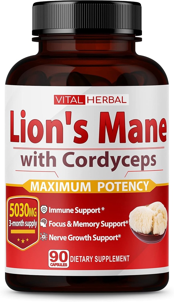 VITAL HERBAL Lauvas Manē Sēnes ar Cordyceps Kapsulas Ekvivalents 5030mg - Maksimālais potences L-Theanine Ashwagandha smadzeņu papildinājums Focus Atmiņas Enerģijas Mood Atbalsts 90 dienu piegādes