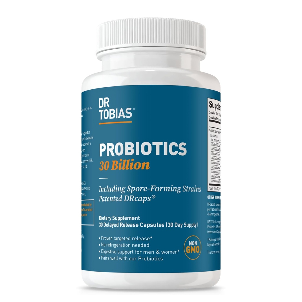 Dr. Tobias Probiotics 30 miljardi, 10 celmi, 30 miljardi KVV' s, Mērķtiecīgas atbrīvošanas Probiotikas sievietēm un vīriešiem, Atbalsta Gremošanas veselība, Glabāta, Ne-GMO, 30 Kapsulas, 30 Servējumi