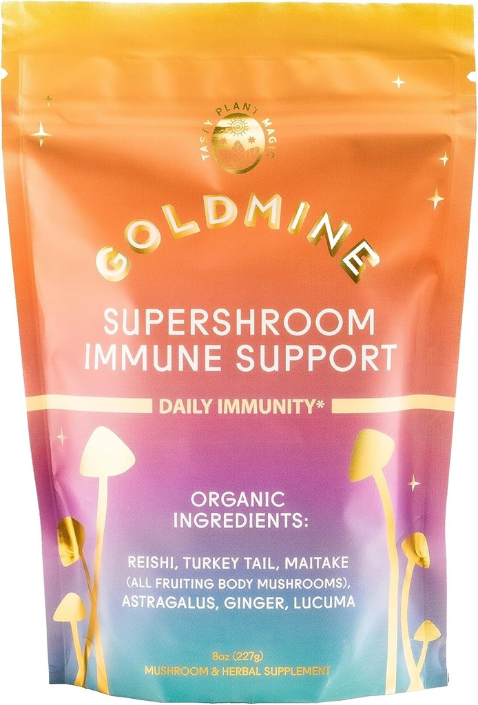 Goldmine Supershroom Funkcionālā jauda Reiši Sēņu papildinājums, bez lipekļa Jaudīgs adaptogēns Vegan Brain papildinājums - Immunity Support Powder (227grams (8oz, Pouch)
