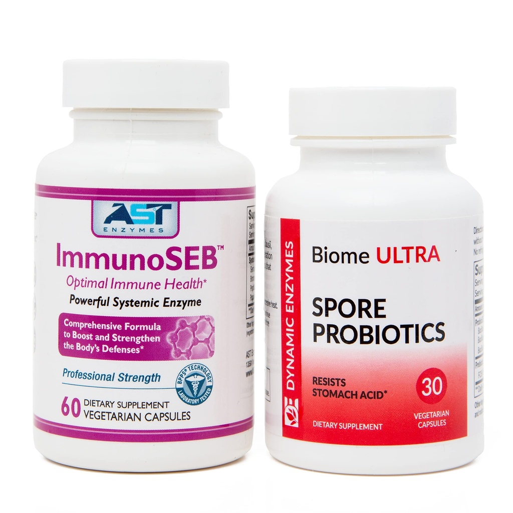 ImmunoSEB (60 vāciņi) un Biome Ultra (ProbioSEB CSC3) (30 vāciņi) - Immunity Boost Bundle – sistēmiskie enzīmi un probiotikas