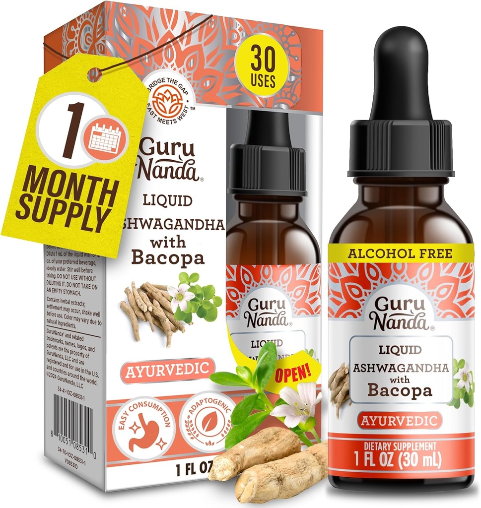 GuruNanda Liquid Ashwagandha ar Bacopa (1 Fl Oz) - Dabīgs uztura bagātinātājs- Šķidrā ekstrakta pilieni - vīriešiem un sievietēm - vegāni un bez alkohola - AIDS imūnās, fokusa un relaksācijas atbalsts