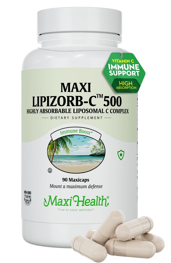 Maxi Health Liposomālais vitamīns C 500mg Kapsulas ar gremošanas pastiprinātāju, augstas absorbcijas augstas devas vitamīnuC, neĢMO Kosher Veģetārietis Doctor-Formulated Imūnās atbalsta papildinājums (90 skaitlis)
