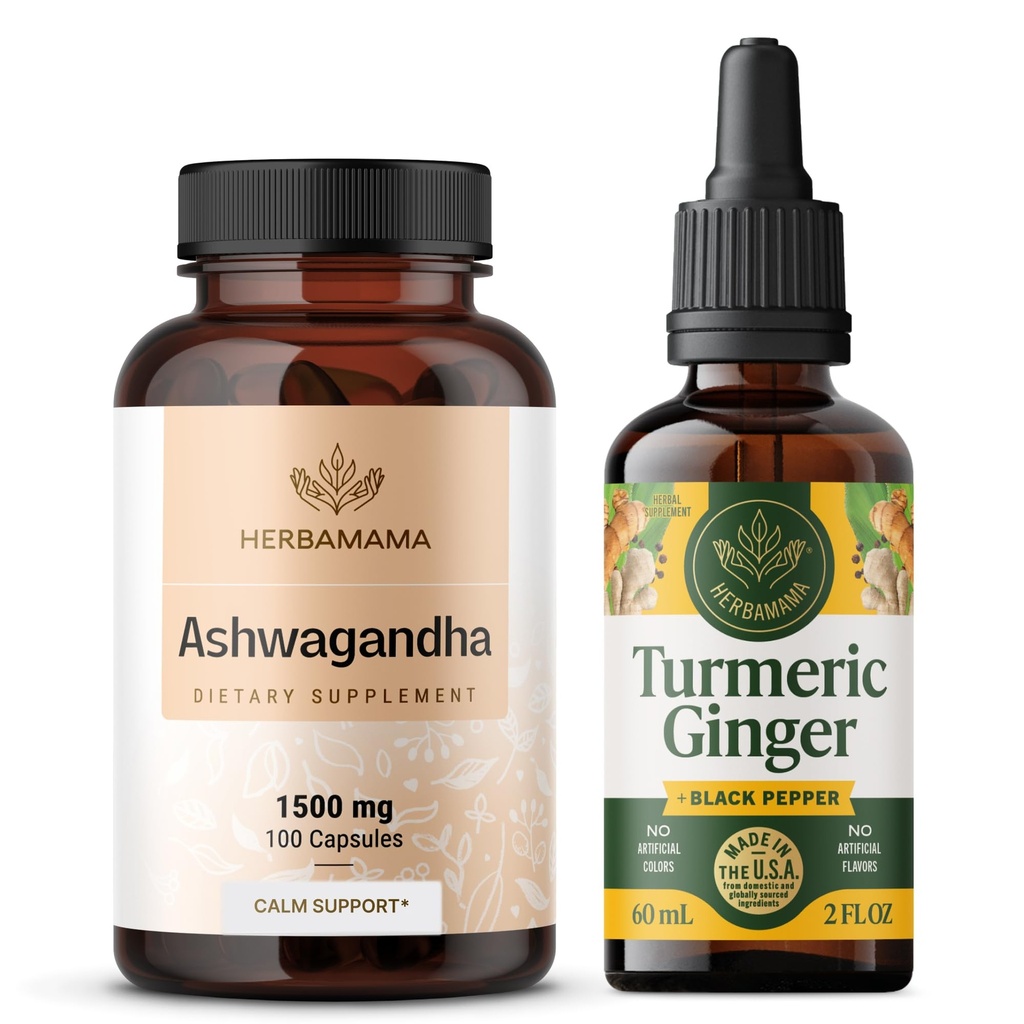 HERBAMAMA Ashwagandha un Turmeric Ginger Kit - 1500 mg Ashwagandha Root Kapsulas un Turmeric Ginger Tincture 2 fl oz - Vegan, non-GMO, Cukurs un bez alkohola - 2 iepakojumi