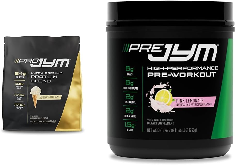 PRO JYM 45 Kalpo Taitian Vanilla + PRE JYM 30 Kalpo Pink Lemonade Pirms treniņa pūderis