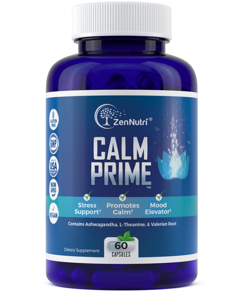 Mierīgs Prime Stress Reliefs Papildinājums Non-Drowsy ) Mood Atbalsta Papildinājums ] Mood Boost ” Vegan Daytime Stress Papildinājumi Mierīgs Palīdzība ” Stress Vitamīni - Ashwagandha, Valerian Root - 60 Count