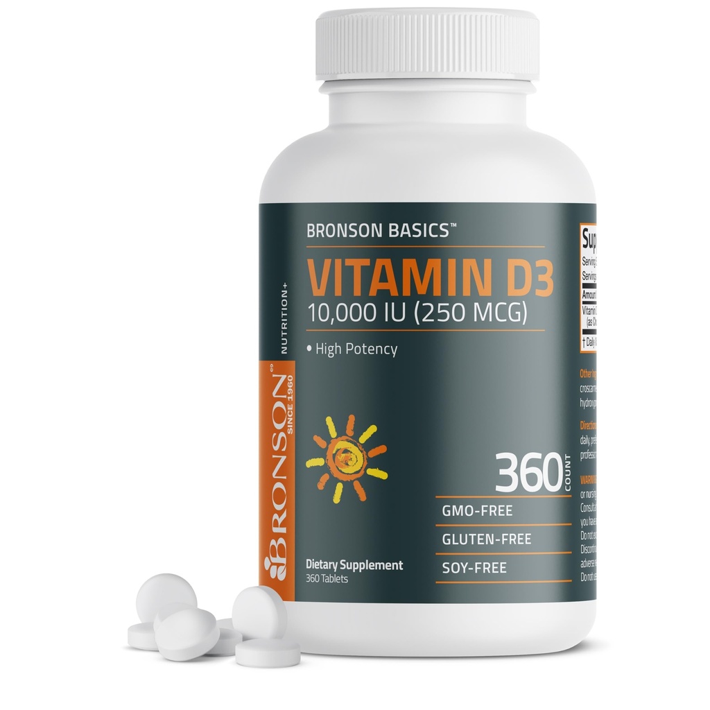 Bronsons D3 vitamīns 10 000iu (250mcg) 1 gads Veselīgu muskuļu funkciju un imūno atbalstu, ne- GMO, 360 tabletes