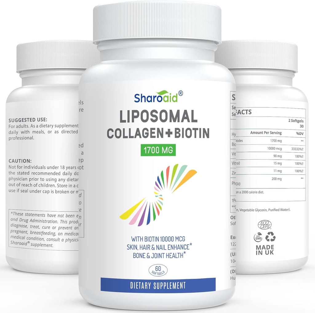 Liposomāli Hidrolizēti kolagēna peptīdi 1700 mg un biotīns 10000mcg Piedevas sievietēm, vīriešiem, augsta absorbcija, E, C vitamīns un Cinka kapsulas ādai, matu augšanai, locītavu un nagiem,60 Softgels