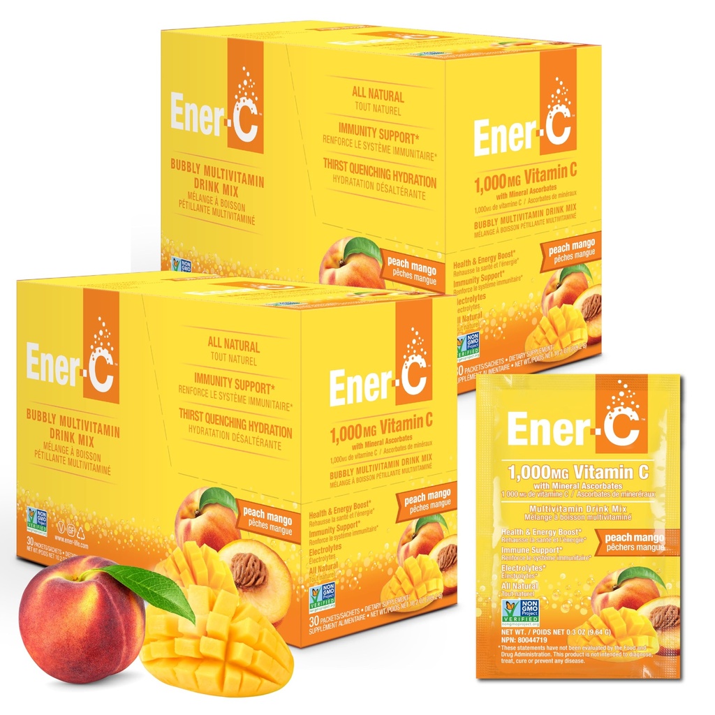 Ener-C multivitamīnu maisījums - vitamīnu iepakojumi ūdenim, elektrolītu pulvera iepakojumi, vitamīnu maisījums, hidratācija šķidruma maisījums, imūnā revakcinācija pieaugušajiem, veselīga enerģija - persiku mango, 60 grāvji