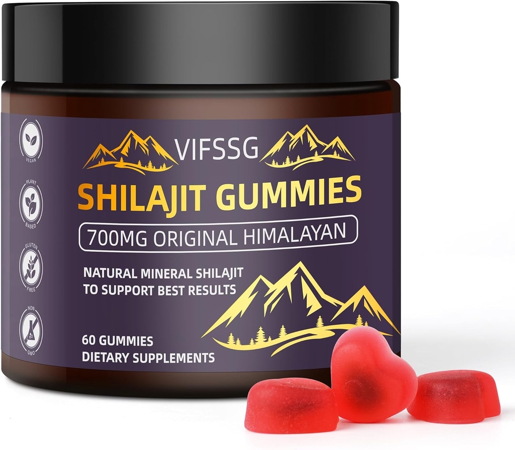 Shilajit Gummies, bezcukura gumijas, 500 Mg Shilajit Pure Himalayan Organic, Shilajit pielikums, Shilajit Rezin, zelta pakāpes dabas Shilajit ar 4 in-1 komplekss enerģijas atbalstam, 60 Gummies