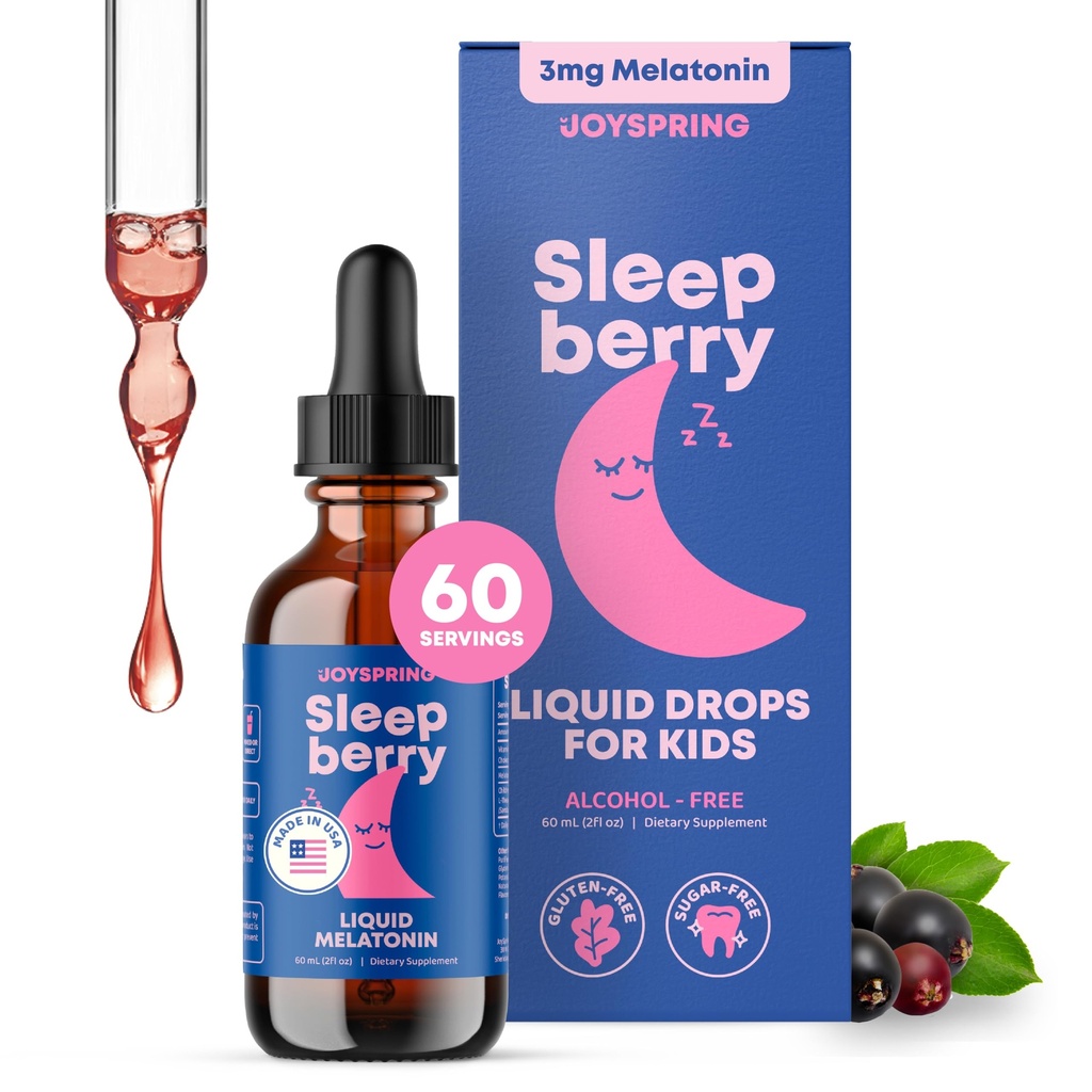 JoySpring sleepberry Kids Melatonin 3 mg – šķidrā miega palīglīdzeklis ar L Theanine, augsta absorbcija Ogu pilieni (2 fl oz) 60 Kalpojumi, bērnu melatonīns ar vitamīnu D Kids Travel Essentials