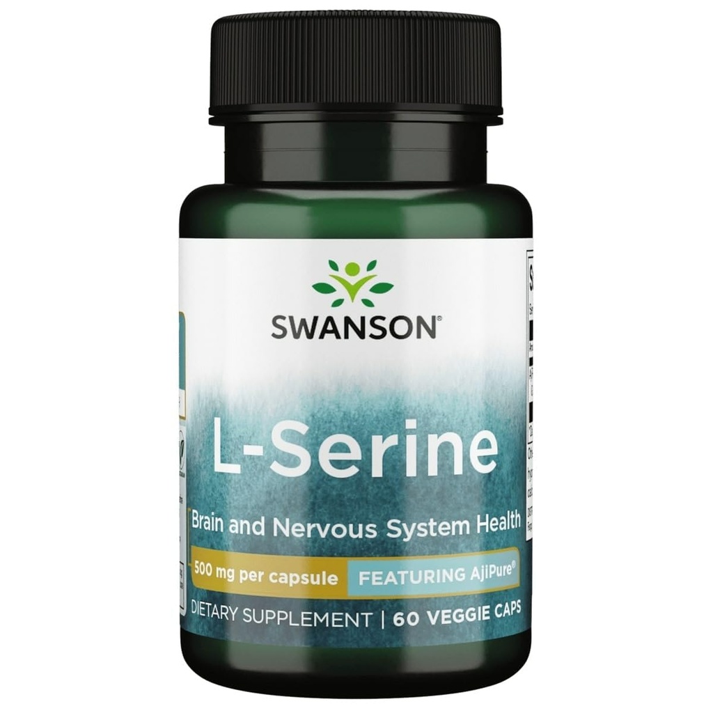 Swanson Ajipure L- Serine Pharmacecal USP Augstas tīrības pakāpes aminoskābes papildinājums Kognitīvā funkcija Smadzeņu veselība 500 mg 60 Veggie kapsulas