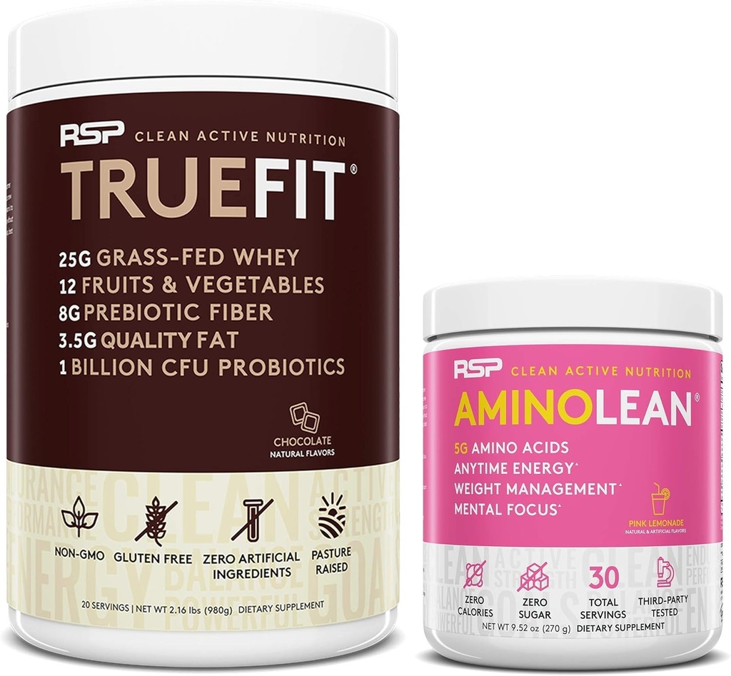 RSP NUTRITION AminoLean Pre Workout Enerģija (Rozā limonāde 30 Servē) ar TrueFit proteīna pulveris (šokolāde 2 LB)