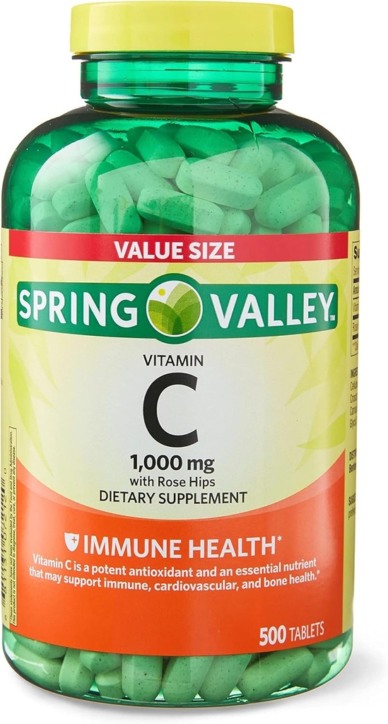 C vitamīns ar Rose HIPS tabletēm Diētiskās piedevas lielums, 1000 mg, 1000 mg C vitamīna un 8 mg Rose HIPS katrā tabletē 500 Skaits