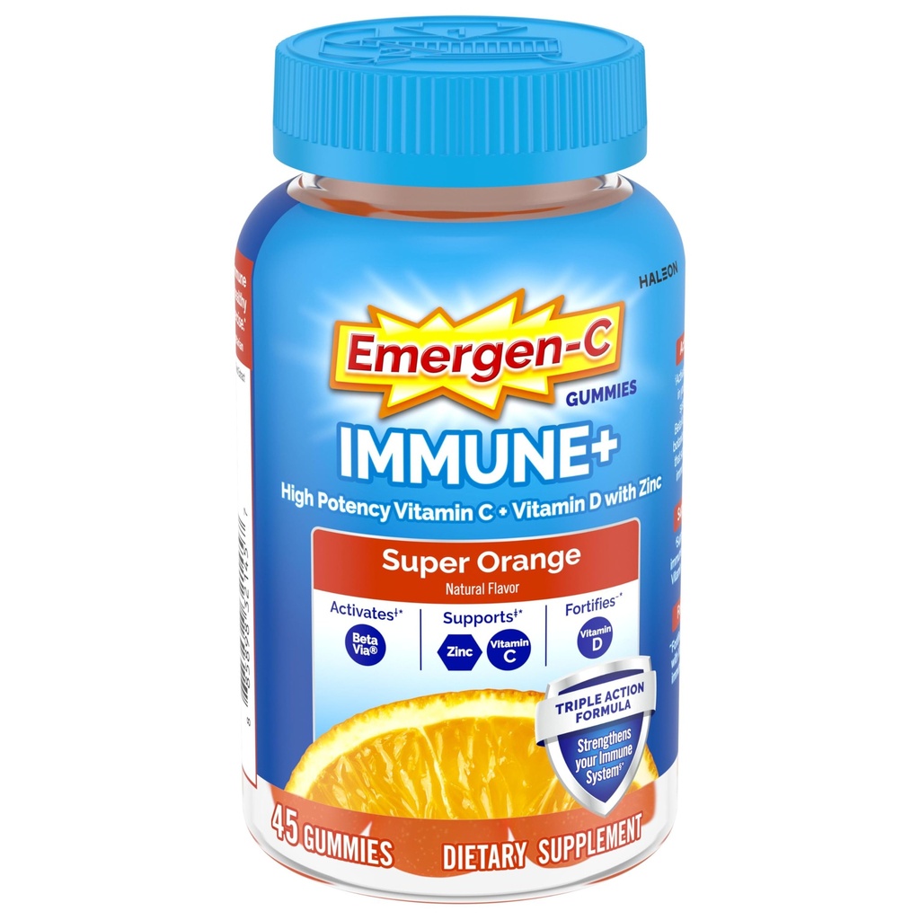 Emergen-C Imūnās+ triple darbības Imūnsupport Gumies, BetaVia (R), 1000mg C vitamīna, B vitamīnu, D vitamīna un antioksidantu, Super Orange - 45 Skaits