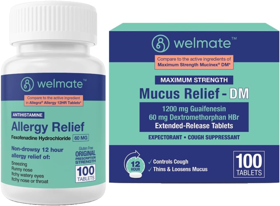 WELMATE kopā Respiratorās veselības paka: Alerģija Relief Feksofenadīns HCl 60mg (100 Ct) 12-Cour Non-Drowsy Antihistamīns + Maksimālais spēks Mucus Relief DM 1200mg Guaifenesīns & 60mg DXM (100 Ct)