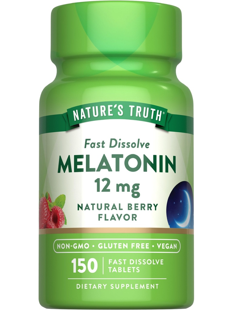 Dabas patiesība Melatonīns 12 mg - 150 tabletes - Quick Izšķīdiniet -- Natural Berry Flavor - Vegāns, Bez GMO un lipekļa Papildinājums pieaugušajiem