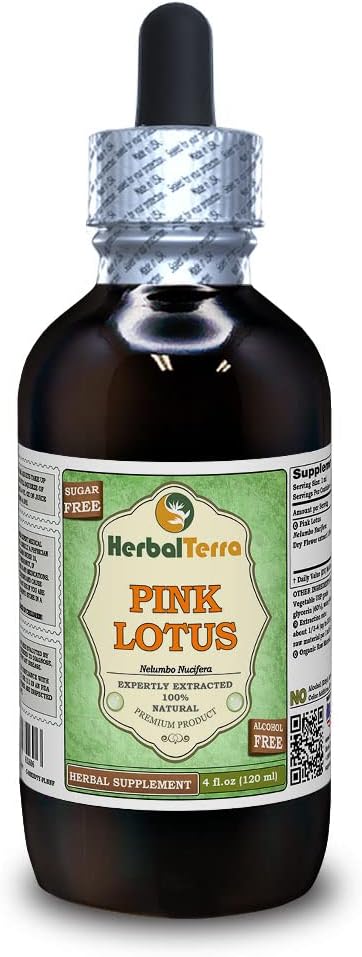 Pink Lotus (Nelumbo Nucifera) Glicerīts, Organiskās Žāvētas lapas un ziedi Bezspirta šķidruma ekstrakts (zīmuļa nosaukums: HerbalTerra, Proudly Made in USA) 4 fl.oz (120 ml)