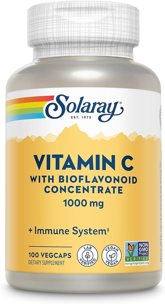 SOLARAY C vitamīna 1000mg ar Bioflavonoids Koncentrāts - C vitamīna kapsulas ar Rose HIPS un Acerola Cherry - Antioksidants, sirds veselība un imūnās palīdzības papildinājums, Vegan, ne-GMO, 100 Servējumi
