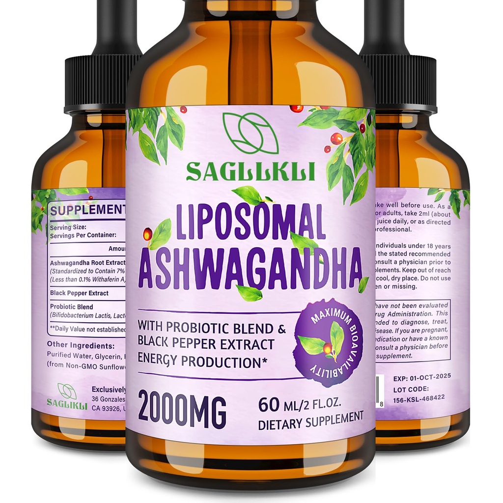Liposomālie Ashwagandha Liquid Drops 2000mg, Ashwagandha Root Extract Papildinājums (7% Witanolides) ar Black Pepper Extract & Probiotics priekš Focus, Cognition & Energy - 2 FL.OZ (1 pudele)