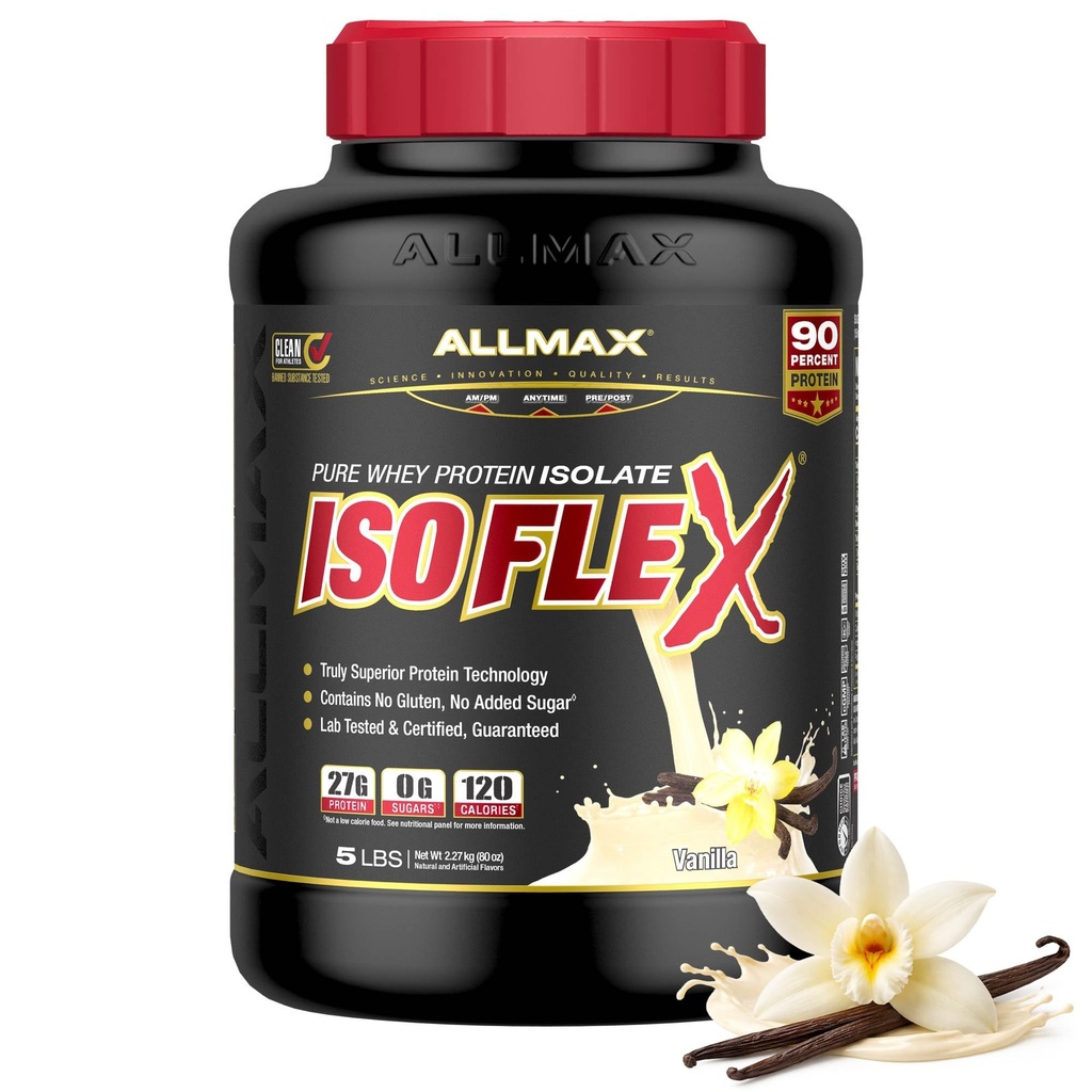 ALLMAX Nutrition - ISOFLEX Sūkalu proteīna pulveris, sūkalu olbaltumvielu izolāts, 27g proteīna, vaniļas, 5 mārciņa