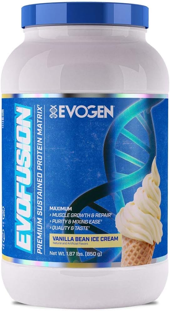 Evogen Evofusion - ilgstoša Proteīna pulveris - Atbalsts Muskuļu augšanu un remonts - Sūkalu proteīns, Micellar Casein, MCT eļļa - Vanilla Bean Ice Cream - 25 Kalpo