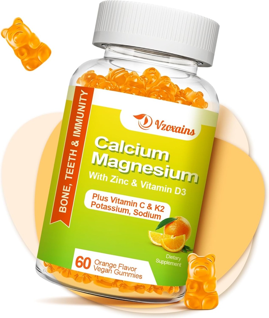Augsta absorbcija Kalcija Gumijas, Bezcukura kalcija magnija papildinājums ar kālija vitamīnu D3 vīriešiem un sievietēm - Vegan, Orange Flavor 60 Cts