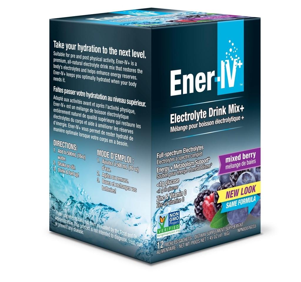 Ener-IV Elektrolītu Hydration & Energy Drink Kālija vitamīns C & Cinka Elektrolīti Pulveris Packets - Muskuļu atgūšanas un imunitātes sporta dzērieni sievietēm un vīriešiem Zema cukura Vegan, Jaukta Berry - 12 Count