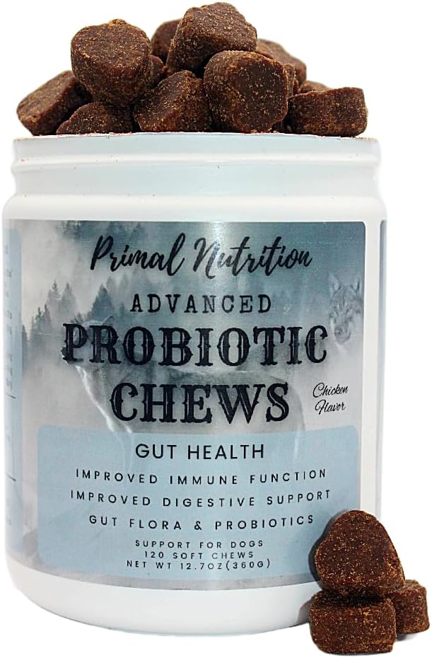Primal Nutrition Probiotikas suņiem - Gremošanas enzīmi Gut Flora, Gremošanas veselība, Caureja & Bougel atbalsts - Suņu papildinājums Soft Chew Pet Imūnās sistēmas - Vistas