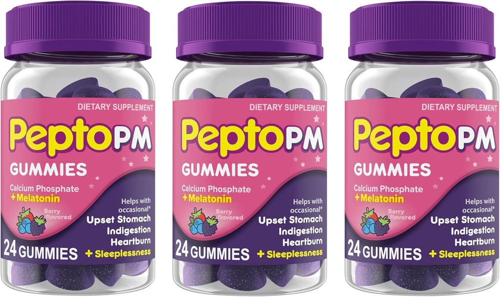 Pepto PM Gumijas ar Melatonīnu miega atbalstam, ātri un efektīvi Gremošanas atvieglojums no grēmām, gremošanas traucējumi, atsāpināts vēders un bezmiegs - Berry Flavor, 24 Ct (3. komplekts)