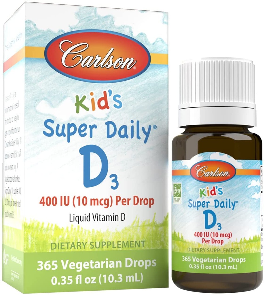 Carlson - Kid's Super Daily D3, D vitamīna pilieni bērniem, 400 SV pilienā, 1-gadīgs piedāvājums, sirds un imūnā veselība, veģetārietis, šķidri D vitamīna pilieni, nepārziepjojami, 365 pilieni