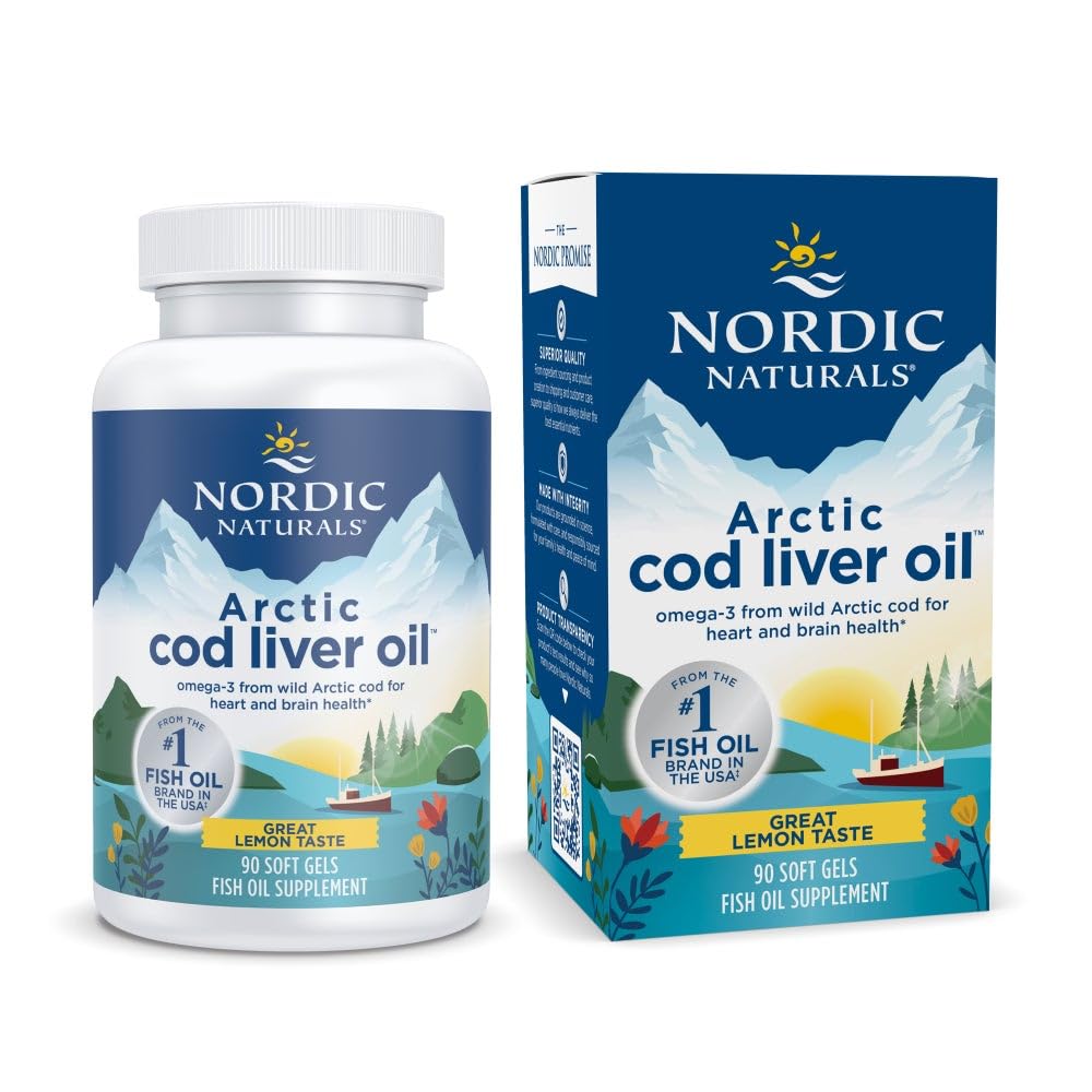 Nordic Naturals Arctic Cod Liver Oil|750 Mg Omega 3 Fish Oil EPA & DHA Supplement|Omega 3 Cod Liver Oil Liquid For Heart,Brain Health & Optimal Wellness|Flavour Lemon Fish Oil 90 Softgels, 160 grams