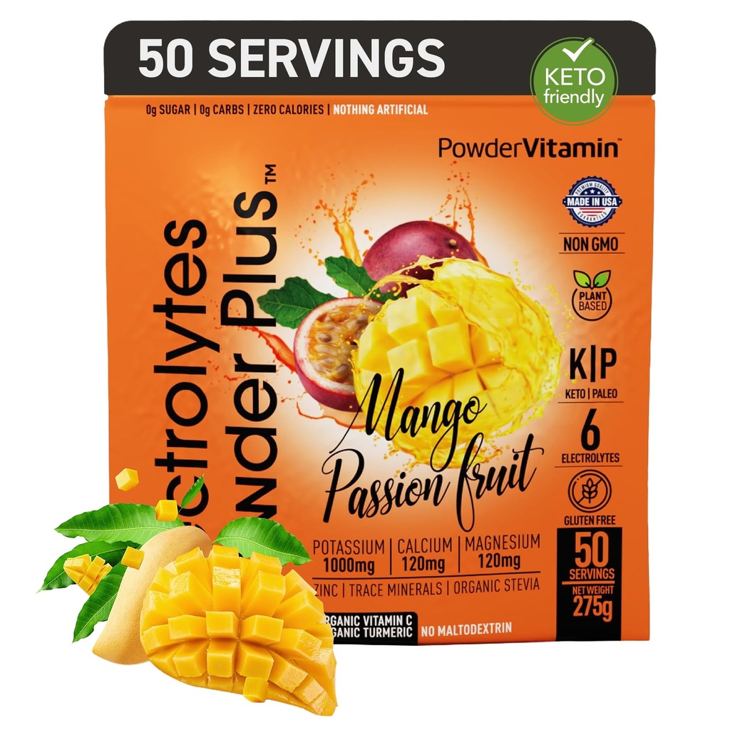 Pulveris Vitamīna elektrolītu pulveris Plus (50 Servē) Mango Passionfruit Elektrolītu pulveris Zero Calorie Keto, 0 Cukurs, Nē Maltodekstrīns, 1000mg Kālija,120mg Kalcijs,120mg Magnijs, Hidrācija Pulveris