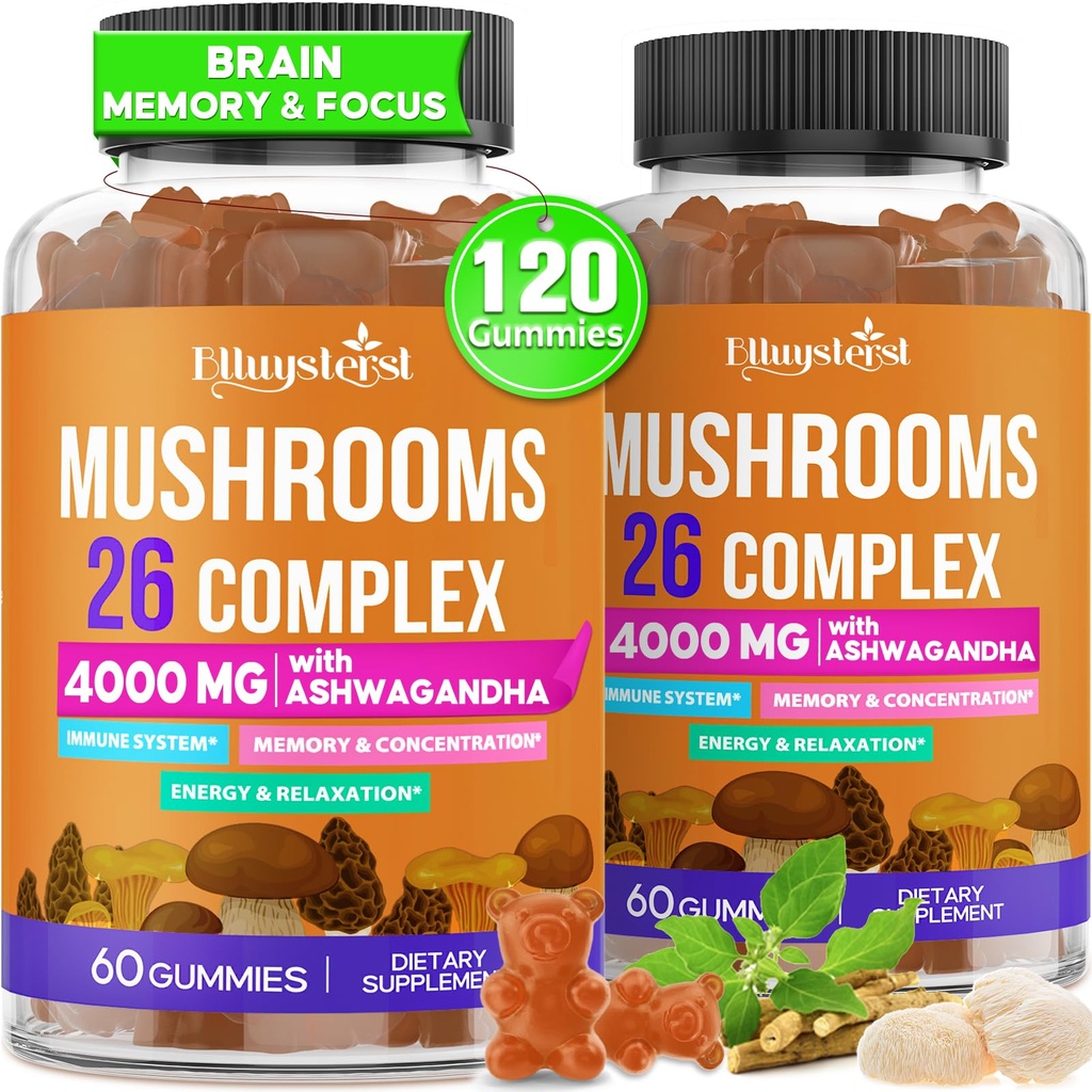 Sēnes Gumijas pieaugušajiem 4000mg, Smadzeņu piedevas atmiņai un fokusam, 26 in 1 Sēņošanas piemaksu komplekss ar Ashwagandha & Lion's Mane, Turcija Taile, Reishi, Cordyceps, Organic, 120 Count