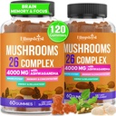 Sēnes Gumijas pieaugušajiem 4000mg, Smadzeņu piedevas atmiņai un fokusam, 26 in 1 Sēņošanas piemaksu komplekss ar Ashwagandha & Lion's Mane, Turcija Taile, Reishi, Cordyceps, Organic, 120 Count