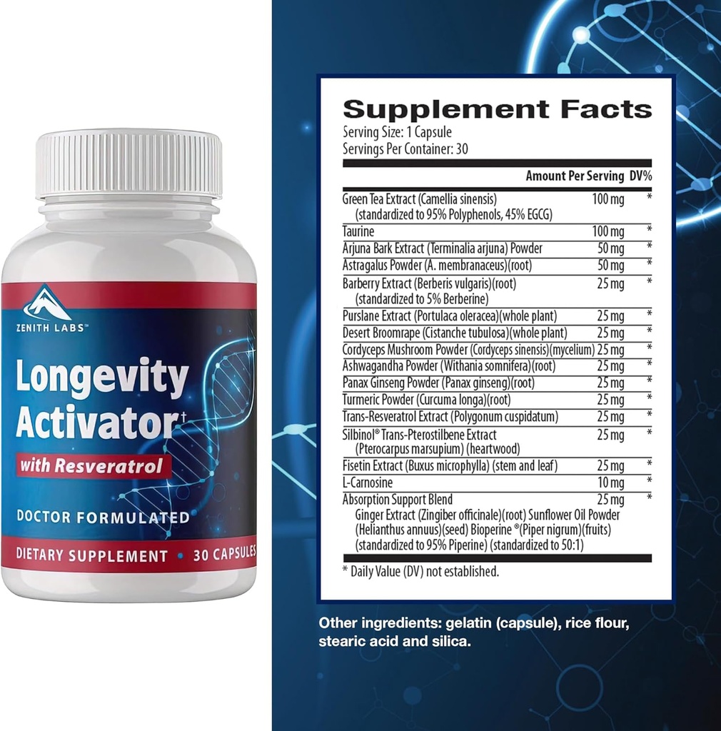 Zenith Labs Longevity Activator Anti-Aging Papildinājums uzturam, dabas antioksidanti ar Resveratrol - atbalsta imūnās funkcijas un veselīgu atmiņu, 3 iepakojums