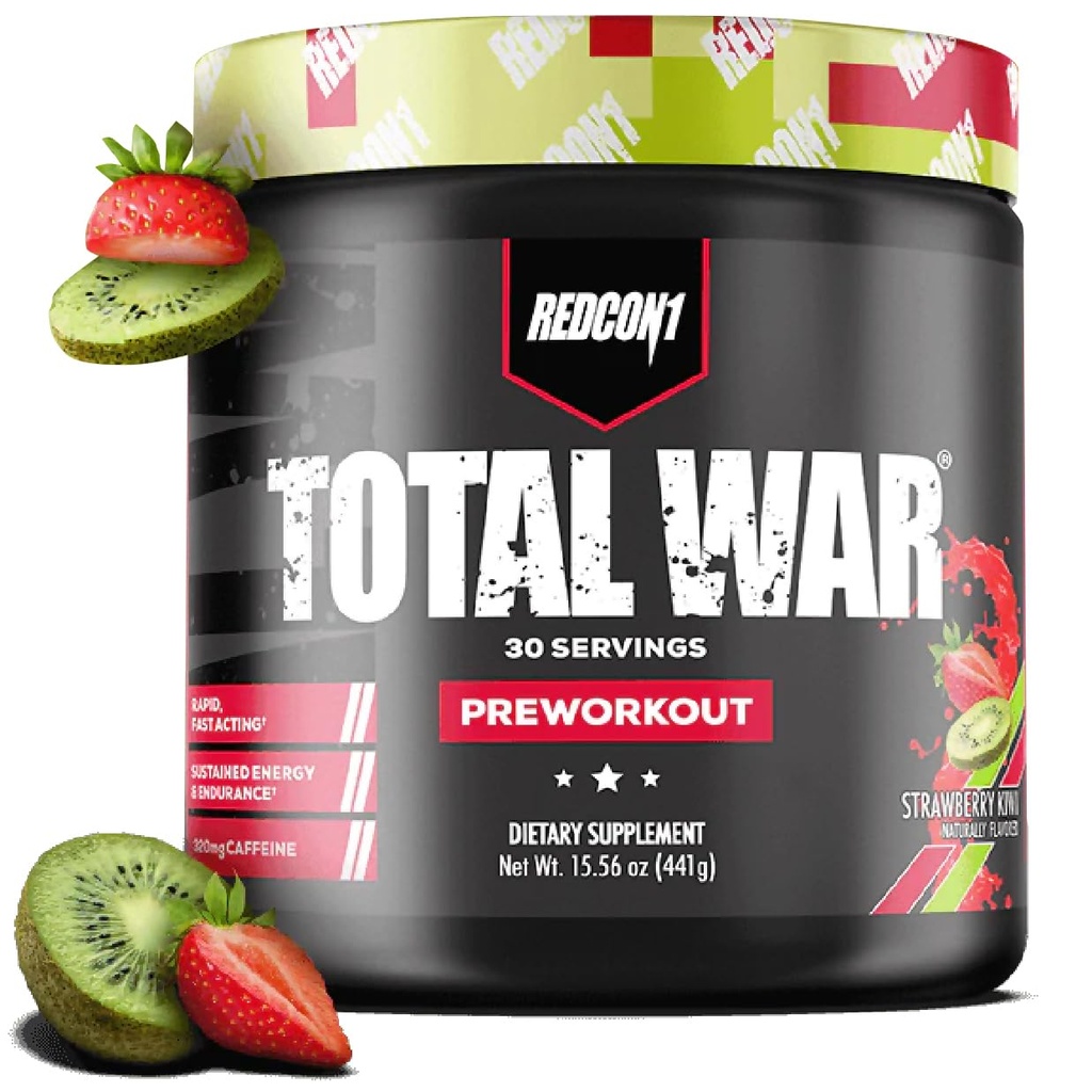 REDCON1 Total War Pre Workout, Strawberry Kiwi - L Citrulline, Malic acid, Green Tea Leaf ekstrakts sūknis Boost Pre Workout sievietēm un vīriešiem - 3.2g Beta Alanine samazināt izplūdes (30 Kalpo)