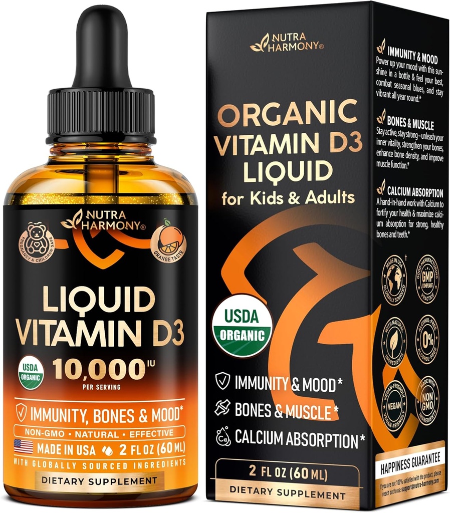 USDA Organiskais vitamīns D3 10000iu - D vitamīna pilieni zīdaiņiem, bērniem un pieaugušajiem, Grūtniecība un bērni Droša - Imūnsistēma, garastāvoklis, kaulu veselība un muskuļu atbalsts - Dabīga apelsīnu garša - 2 fl oz, 60 ml