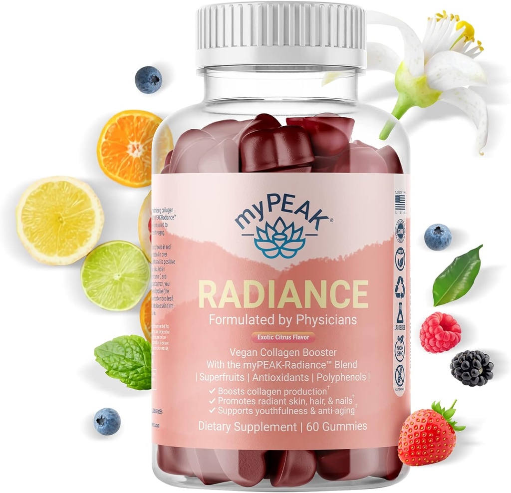 myPEAK Radiance Vegan kolagēna pastiprinātājs un superaugļu gumijas, kolagēna bagātinātāji ar superaugļiem un ādas uzlabojošas barības vielas, matu āda un nagi Vitamīni skaistumam, 60 Gumijas