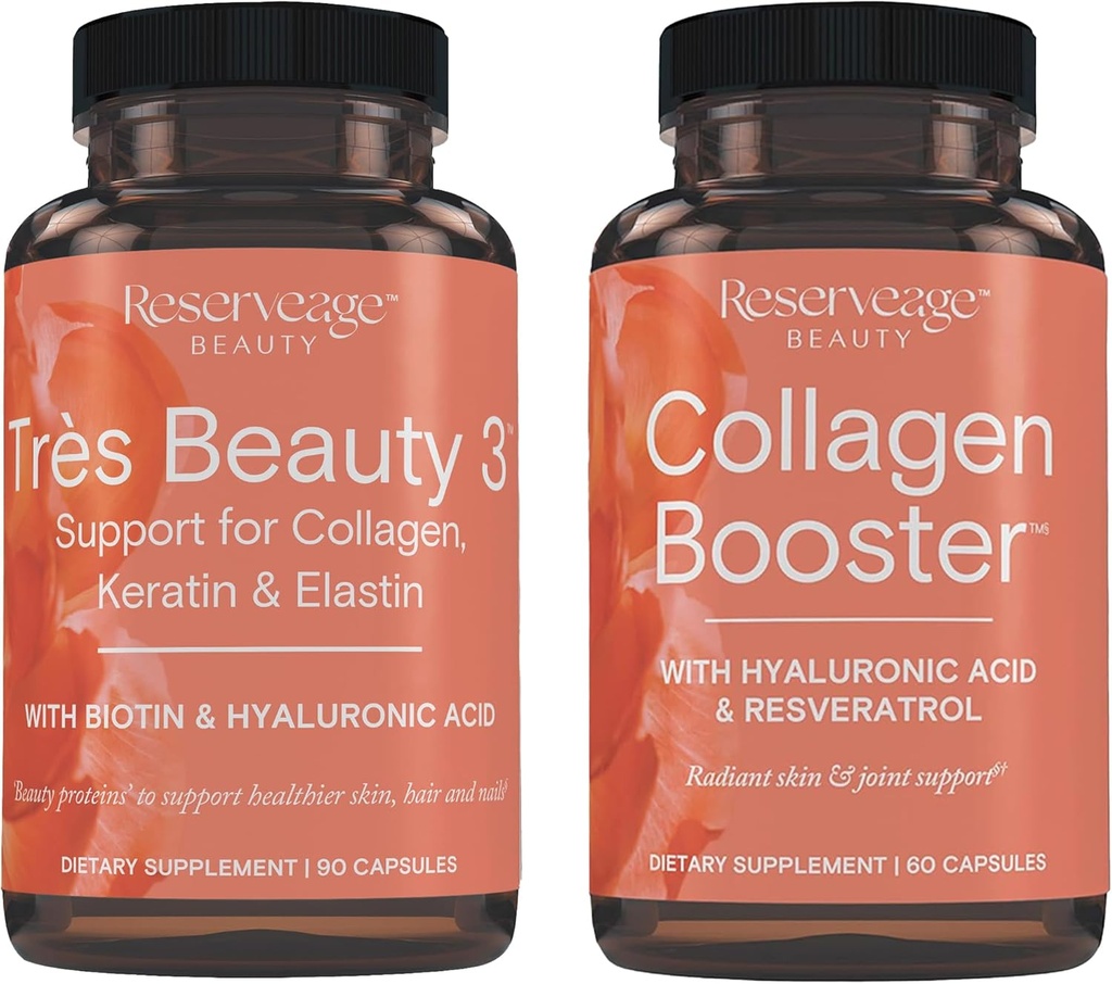 Reserveage Beauty, Tres Beauty 3, Skaistuma papildinājums matu augšanai, ādas kopšanai un nagu kopšanai 90Caps un kolagēna pastiprinātājs, kolagēna papildinājums ādas kopšanai un locītavu veselībai, Atbalsta Healt 60Caps
