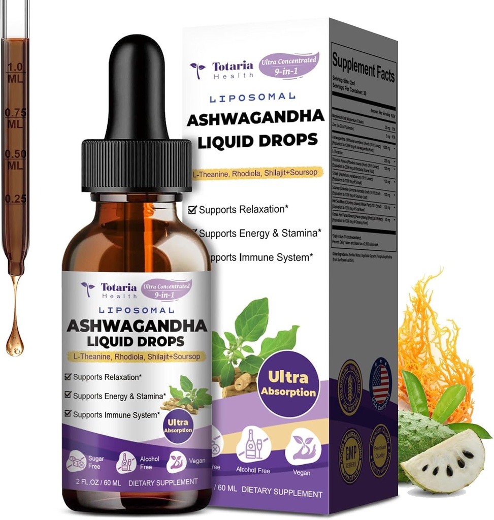 Totaria Liposomāli Ashwagandha Šķidrie pilieni, Ultra Strength Ashwa Saknes ekstrakta papildinājums ar Shilajit, Ginseng, Magnijs, Sorsop, L-Teanīns, 60ml