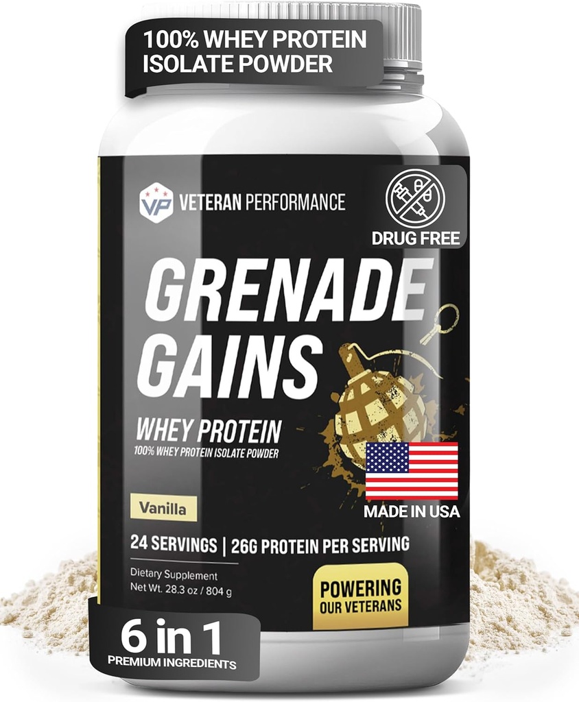 Grenāde Gains Whey Izolate Pulveris ar kreatīnu, L-karnitīns un beta-alanīns - trešās puses testēts, bez lipekļa, bez mākslīgiem saldinātājiem - ASV Made, Vanilla, 24 Kalpo