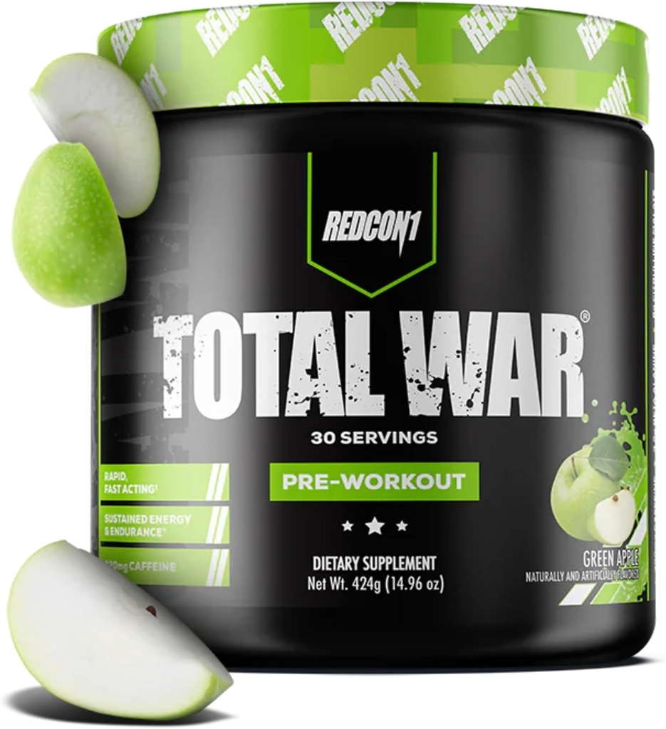 REDCON1 Kopējais karš pirms treniņa, zaļā Apple - ātri darbojas Caffeinated Priekšdarbs vīriešiem + sievietes ar Beta Alanine - Satur Citrulline Malate par paaugstinātu sūkni, asins plūsma (30 Kalpo)
