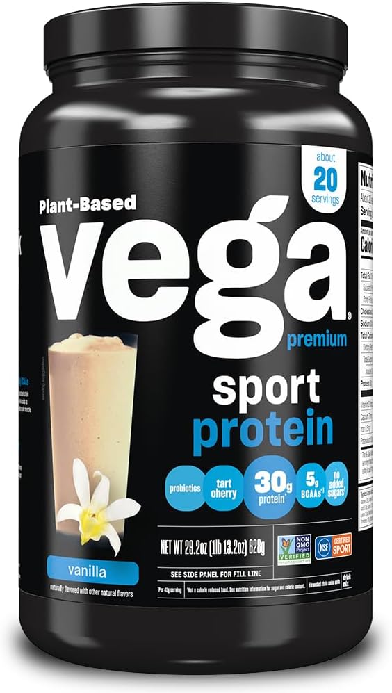 Vega Premium Sport Olbaltumvielas Vanilla Protein Pulveris, Vegan, ne ĢMO, lipeklis bezmaksas augu proteīna pulvera dzērienu Mix, NSF Sertificēts sportam, 29,2 oc