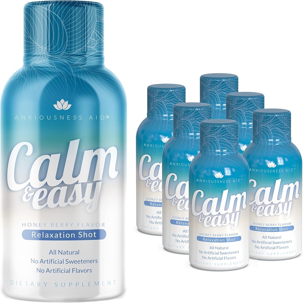 Calm & Easy - dabas Stress Relief Shot, KSM-66 Ashwagandha, Suntheanine L Theanine, Calming Adaptogen Drink, Relaksācija, Focus, un Mood        - 2oz šķidrā pudele (6 iepakojums)