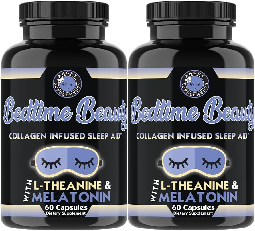 Bedtime Beauty, kolagēns Infūzijas nakts miega palīglīdzeklis, visas dabas tabletes ar L-Teanīnu, Melatonīnu, magnija un hialuronskābes ar Angry papildinājumi (2-Bottles)